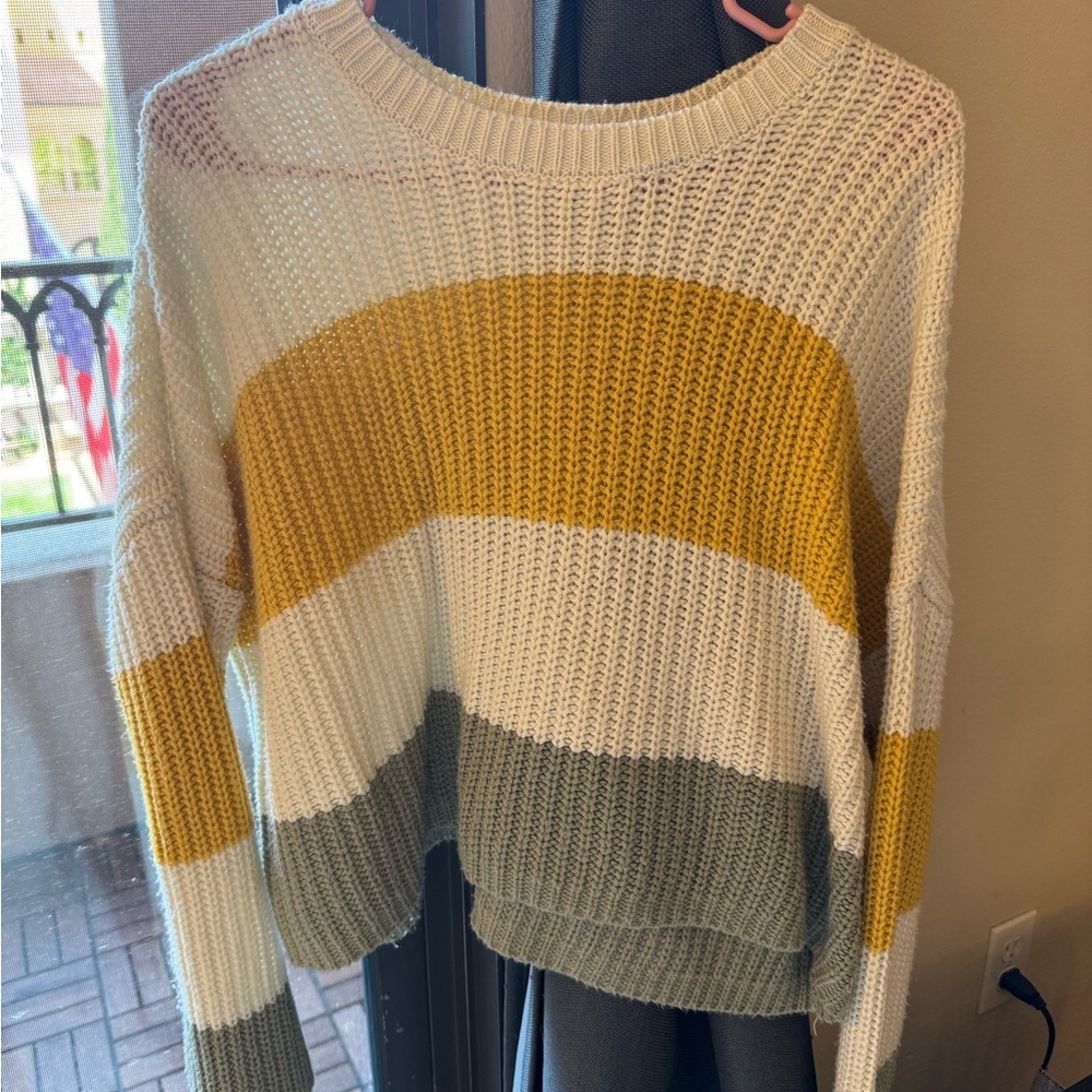 Striped Knit Sweater in Mustard, White, and Green